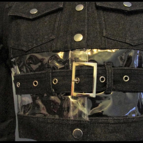 #183 NWT BLK Crop Clear Denim Jacket Buckle Button - Picture 8 of 9